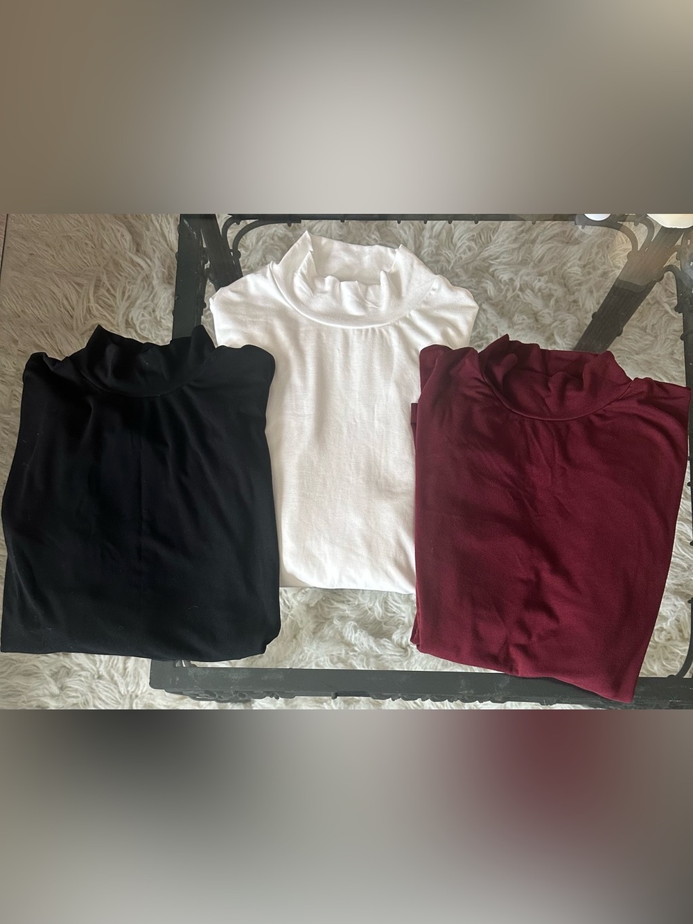 Amazon Women’s Long-Sleeve Mock Neck Top — Black, White & Burgundy